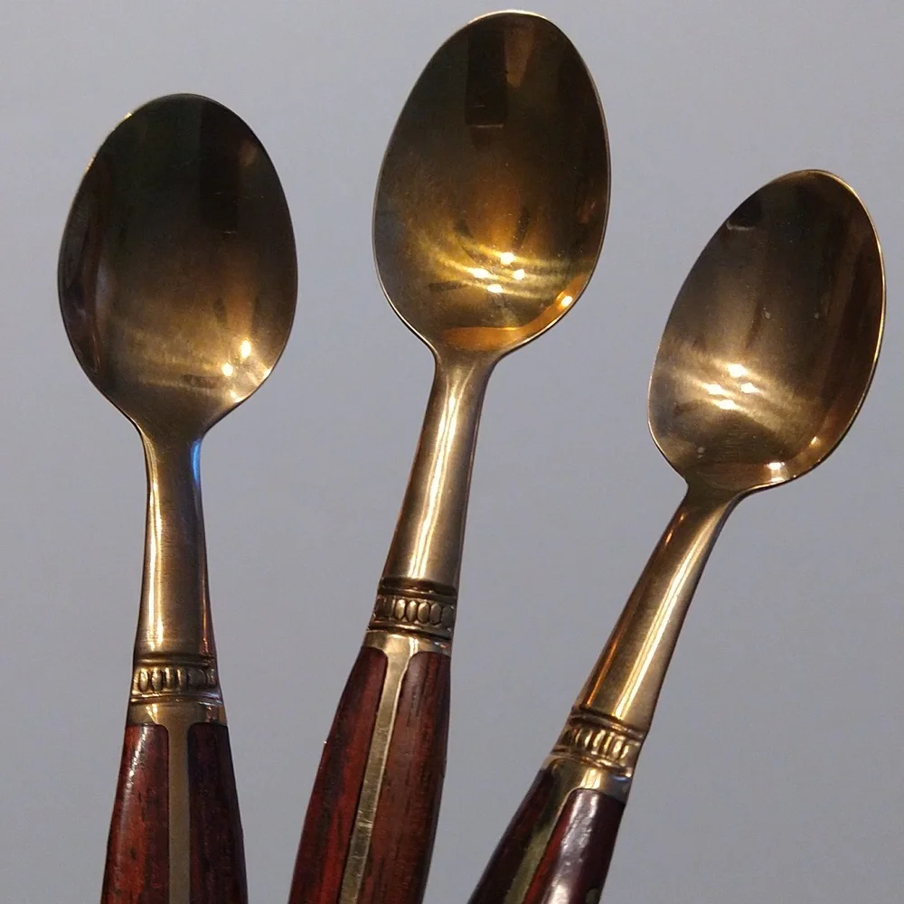 6 Vintage Brass and Rosewood Demitasse Spoons in Original Red Velvet case
